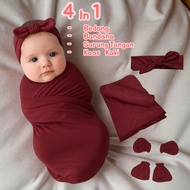 Newborn Bundle Set Swaddle Bandana Ribbon Gloves Newborn Baby Socks Plain Maroon | NAURIXE