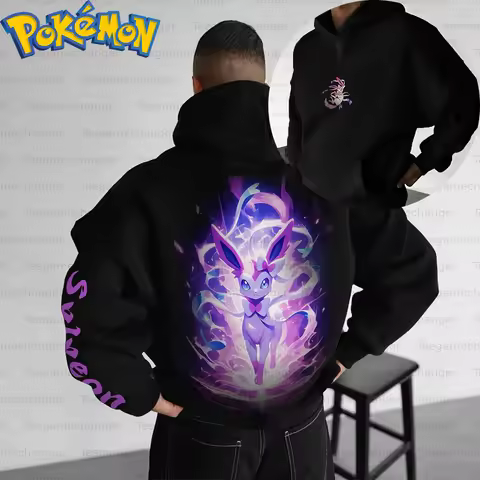 Pokemon Anime Eevee Evolution Cotton Hoodie Harajuku Pants Set Black Character Print with Purple Glo