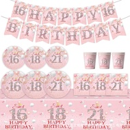 Pink 16th 18th 21th Birthday Party Adult Celebration Decoration Supplies Paper Plate Napkins Cup Set