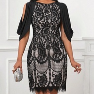 Women's Slit Sleeves Floral Lace Waist Wedding Guest Dress Wedding Anniversary Round Neck Dress Eleg