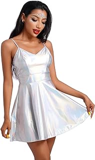 Women Shiny Holographic Sleeveless V-Neck High Waist Rave Disco Dance Party Music Festival Dress 70s Outfit
