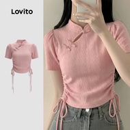 Lovito Elegant Tshirt Button Drawstring Spring/summer Pink Tshirt for Women LK2ED209