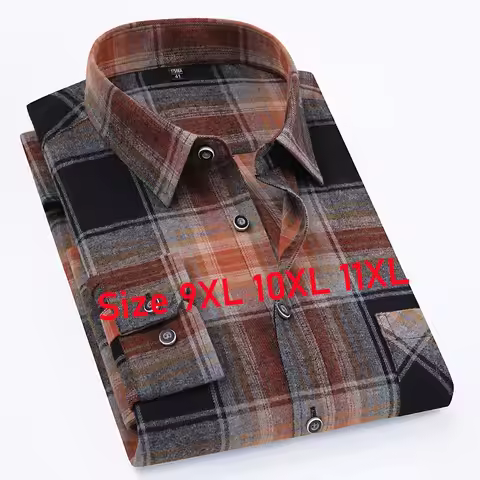 Oversize 11XL 10XL 9XL Plaid Flannel Shirts For Men Long Sleeve Cotton Fashion Casual Soft Standard-