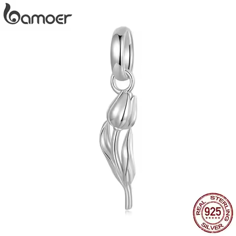BAMOER 2024 New Solid 925 Sterling Silver Tulip Flower Charm Bead fit Charm Bracelet Jewelry DIY 925