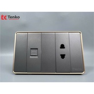 2-Prong Socket and LAN Network Plastic Surface with Gray Border and Gold Border Brand TENKO TK-C1-07