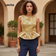 Lovito Gold Line Color Jacquard Ruffled Hem Top TKB154P1D1110