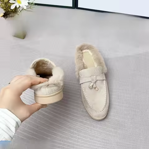Fleece Lined Fur Half Slippers Women's Winter Warm LP Tassel Slip-On Shoes Heightening Lazy Shoes Co