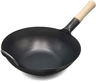 Wok Fry Pan Non Stick Frying Non-Stick Wrought Iron Round Bottom Wok with Wooden Single Handle Uncoated Old-Fashioned Iron Pot Home Wok Frying Pan (Flatbottom 30CM) interesting