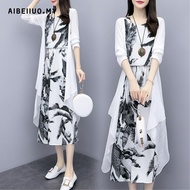 JS Women's Clothing Medium - long print dress art cotton linen two - piece match Plus Size Dress Lab