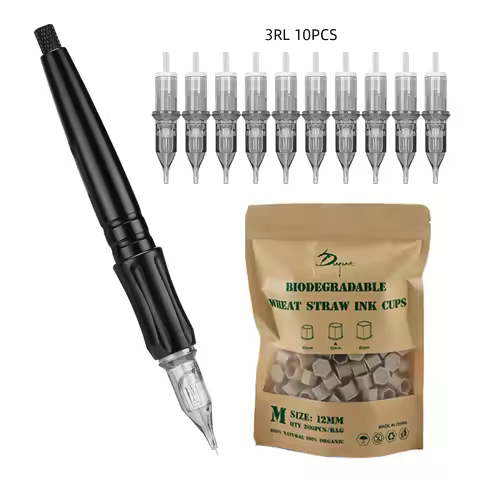 Manual Pen Set DIY Poke And Stick Tool 10pcs 3RL Tattoo Cartridge Needles with 200pcs Degradable Tat