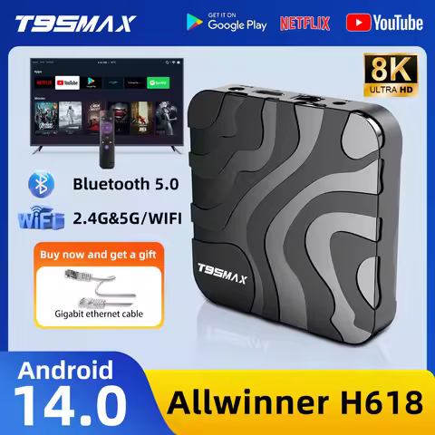 Smart TV BOX T95MAX Android 14 Ultra HD 8K Allwinner H618 Octa Core Free Gigabit Ethernet cable Supp