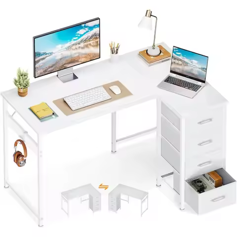 1. Casaottima 40 Inch L Shaped Desk with 4 Drawers, Reversible Kids Study Desk with Hook, White Corn