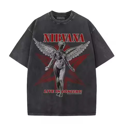 Nirvana Band Rock Apocalyptic Cobain Loose Washed Vintage T-Shirt Punk Style Short Sleeve round Neck