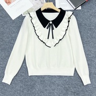 เสื้อไหมพรมสีแดงผู้หญิงแขนยาวคอตุ๊กตาเสื้อลำลองเสื้อเชิ้ตสีพื้นตัดกัน