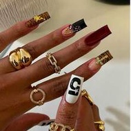 24pcs Medium-Long Rectangular Nail Stickers Gift Box, New Autumn Nail Art Designs, Red-Brown Stripes