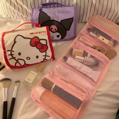 Sanrio Hello Kitty Foldable Makeup Bag Kuromi Cinnamoroll Melody Cosmetic Toiletry Storage Organizer