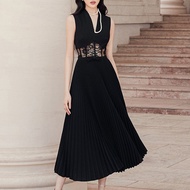 Vietnam Niche Black Sexy Dress Designer New Lace Hollow Waist Temperament Pleated Dress1369