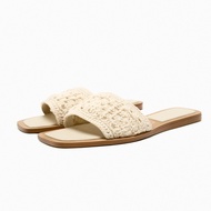 Zara2023 Summer New Style Women's Shoes Hollow Woven Cloth Beige Flat Sandals Casual Style All-Match Large Size Slippers