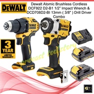 Dewalt Atomic Brushless Cordless DCF922 D2-B1 1/2” Impact Wrench & DCD708D2-BI 13mm ( 3/8" ) Drill D