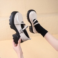 [CAO CẤP] Giày cao gót mũi vuông mũi tròn Mary Jane búp bê đế thô 9 phân 5 phân da bóng dây ngang S1