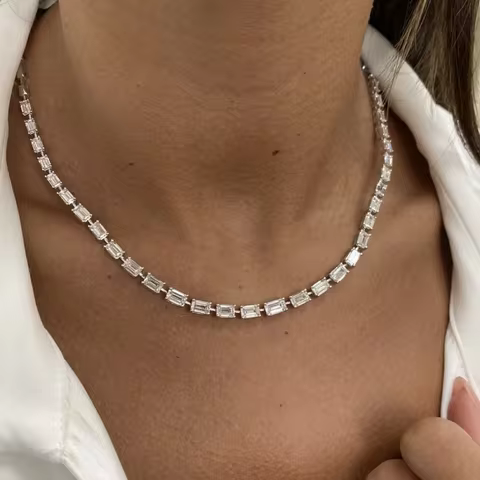 High Quality Jewelry Tennis Necklace Emerald Lab Grown Diamond DEF VS-VVS Total 12.4ctw Half Diamond