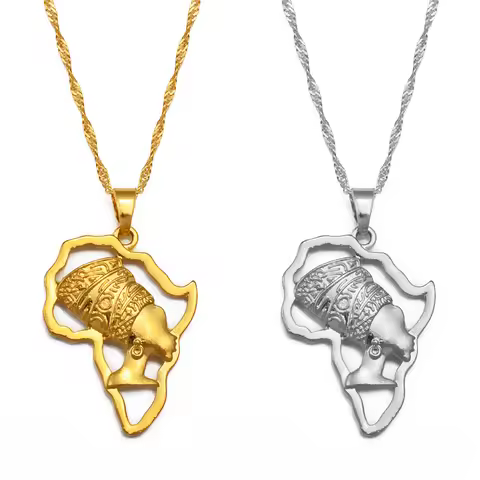 Anniyo Africa Map and Queen Head Pendant Necklace Women Traditional Cultural Ornaments Holiday Weddi