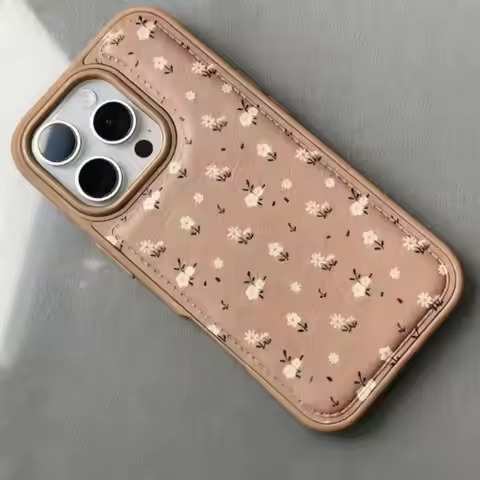 Korean Full Screen Brown Floral Print Eather Phone Case For iPhone 17Air 16 15 14 13 12 11 Pro Max P