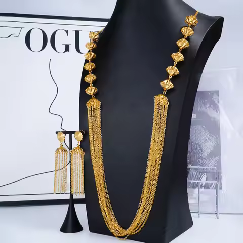 Tassel Necklace Earrings Long Set Women's 24K Gold AU999-Stackable tassel jewelry set,vivid layered 