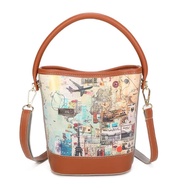 Beg Tangan Wanita Bucket Bag Corak Cetakan Peta Perjalanan Vintage PU Crossbody Sling Bag