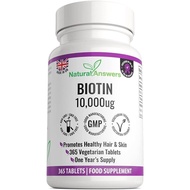 365 Tablet Pertumbuhan Rambut Biotin (Bekalan 1 Tahun) - Suplemen Vitamin B7 Vegetarian 10,000UG unt