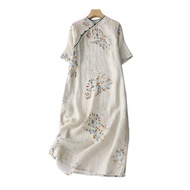 Vintage Floral Print Midi Cheongsam Qipao Dress for Women Loose Short Sleeve Chinese Style Dress wit