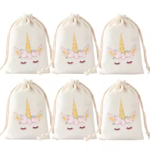 6pcs Unicorn Cotton Linen Gift Bags Unicorn Birthday Party Decoration Kids Wedding Party Favor Bag B
