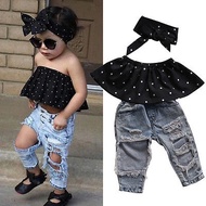 Summer Fashion Toddler Baby Girls Clothes Dot Sleeveless 3pcs Tops+Hole Jeans Outfits Casual Clothes 0-3Yrs