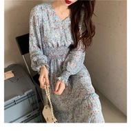 JESSICA- Dress motif tunik bunga sifon lengan panjang Import Korean Style