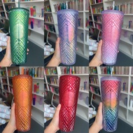 【Limited】Starbucks Tumbler Reusable Straw Cup water bottle Frosted Diamond Studded Cup Silver Plaid Grid Pattern Shinning botol