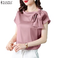 ZANZEA Women Fashion Solid Color Short Sleeve Satin Solid Color Bowknot Blouse