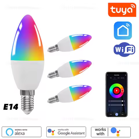 Tuya WiFi Smart Bulb Dimmable Led Light 16 Million RGBCW 85-26V Colors E14 E12 Candle Lamp Voice Con