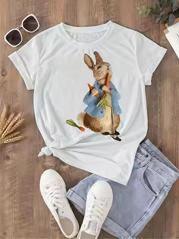 Peter Rabbit Women's Tee - Bunny & Carrot Graphic, Casual White Top