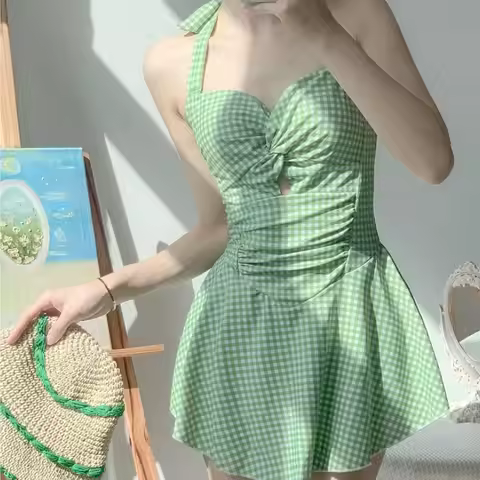 Pure Horn Skirt Style Slim Girl Gathers Conservative One-piece Swimsuit