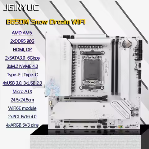 B650M Snow Dream WiFi6E Motherboard, AM5 Supports AMD Ryzen 7000/8000/9000, DDR5 9000+(OC), 2.5G LAN