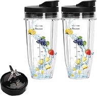 5-piece Blender Cups & Blade Replacement Set for Ninja with 2 Flip-Top To-Go Lid, Premium 7 Fins Ext
