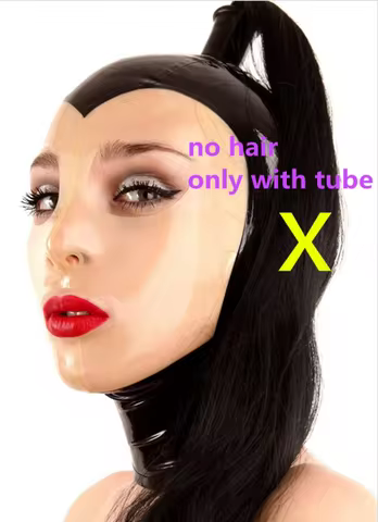 Black and Transparent Face Latex Hood Rubber Latex Rubber Mask Hood with Black Hair Pigtail for Part