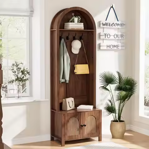Hall Tree Bench Shoe Storage 70.9" Arch Coat Rack 4 Hooks Top Cubby Farmhouse Entryway Organizer Wal