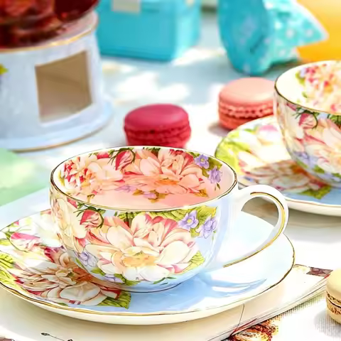 200ML, fine bone china coffee cup with saucer, pumpkin floral design, porcelain tea cup set, country