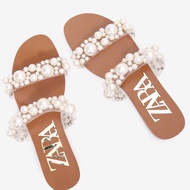 Zara Sandals Women Summer Flat Sole 2021 Flat Heel Sandals Women Outer Wear Fairy Style All-Match Women's Shoes Pearl Slippers