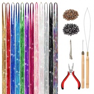 48Inches Glitter Rainbow Tinsel Hair Extension With Tool Mixed Colors Hair Extension Tinsel Kit Glit