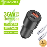 BAVIN PC329 36W Max PD Type-C+USB QC.30 Fast Car Charger Set Dual Port w/ 1m Cable for Android / iPh