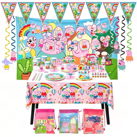 Peppa Pig Theme Party Supplies Tableware Cup Plate Straw Napkins Spiral Honeycomb Paper boxe Backgro