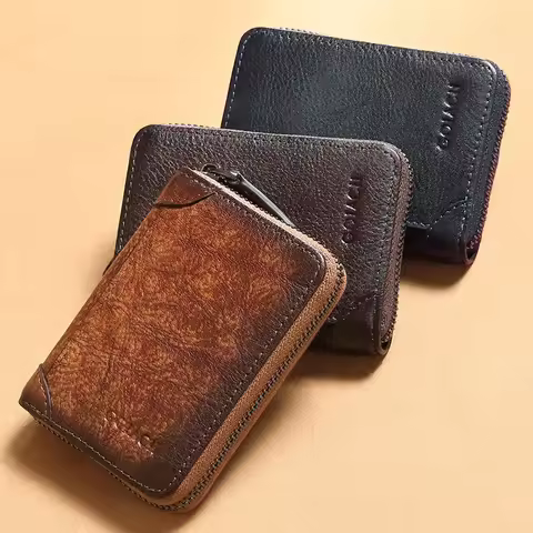 12 Card Slots VIP Bank Credit Card Holder Zipper Wallet Slim First Layer Cowhide Genuine Leather RFI