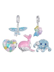 1個925純銀霓虹海洋系列魚型吊墜,色彩繽紛的心形珠子,製作女士手鐲項鍊的diy配件